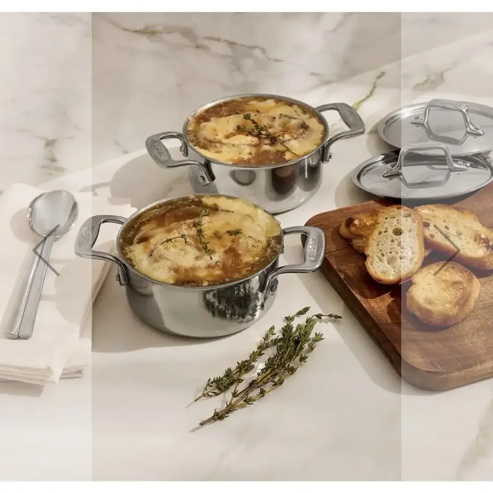 Two ALL CLAD Stainless Steel 1/2 QT. Cocotte with Lids. New. Lifetime Warranty